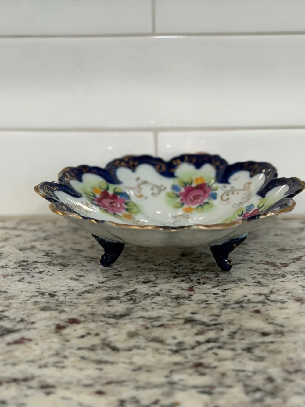 Nippon Hand-Painted Floral Scalloped Porcelain Bowl - Pink Roses & Cobalt Rim